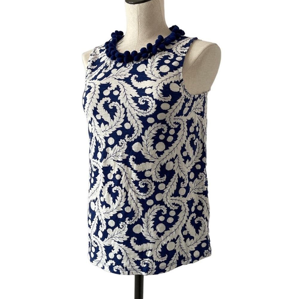 Boden Top Pom Collar Blue White Sleeveless Lightweight Shirt Size 4